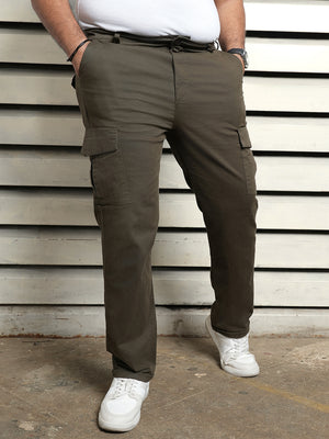 Plus Size Men Cotton Cargos Solid Straight Fit Mid-Rise Casual Trouser