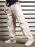 Men Cotton Cargos Solid Loose Fit Mid-Rise Trouser