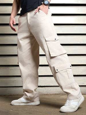 Men Cotton Cargos Solid Loose Fit Mid-Rise Trouser