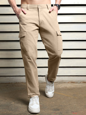 Men Cotton Cargo Solid Straight Fit Mid-Rise Trouser