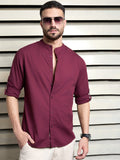 Men Cotton Mandarin Collar Long Sleeves Regular Fit Casual Shirt