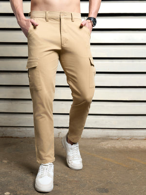 Men Cotton Cargo Solid Slim Fit Mid-Rise Trouser