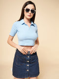 Shirt Collar Short Sleeves Self-design Pure Cotton Crop Fitted Top