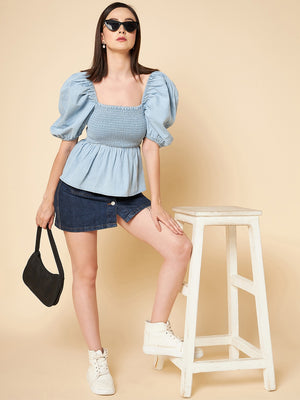 Square Neck Puff Sleeves Smocked Pure Cotton Peplum Top