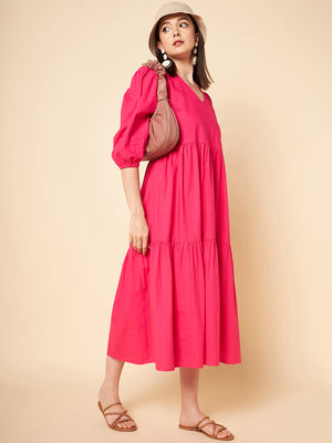 V-Neck Puff Sleeve Fit  Flare Midi Dress