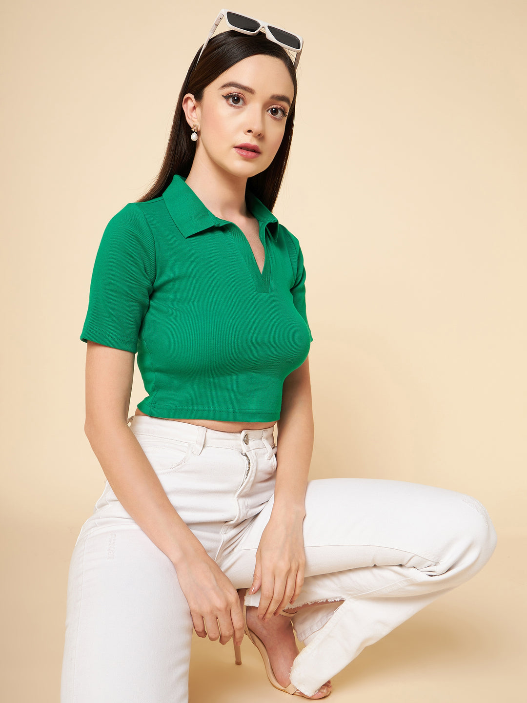 Shirt Collar Short Sleeves Pure Cotton Crop Fitted Top