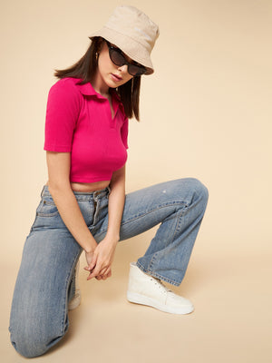 Shirt Collar Pure Cotton Fitted Crop Top