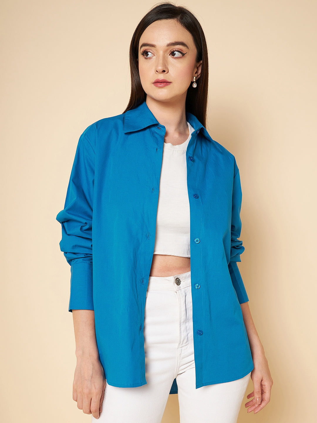 Boxy Fit solid cotton blue casual shirt