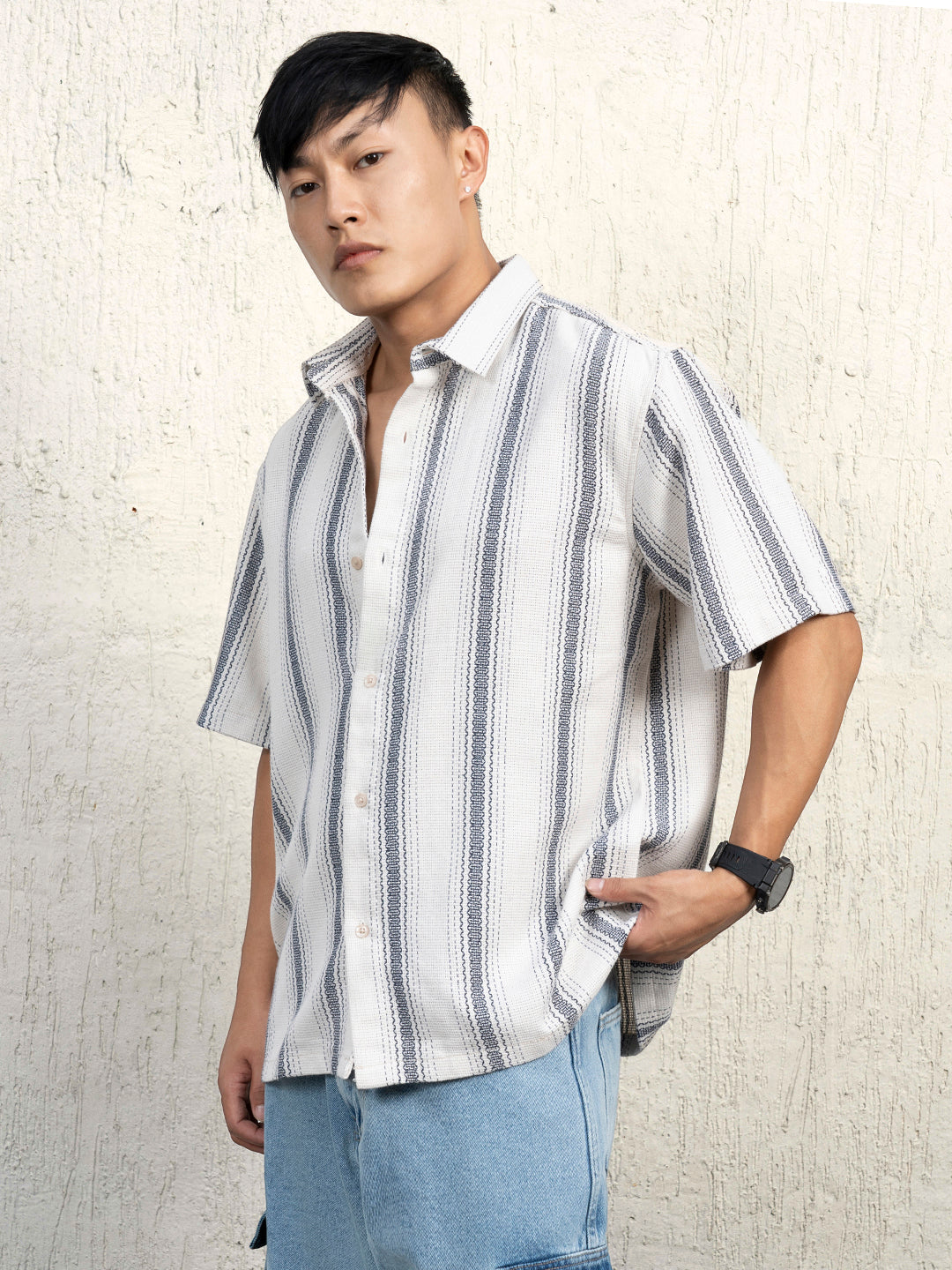 Hubberholme Men Standard Spread Collar Striped Cotton Oversized Casual Shirt