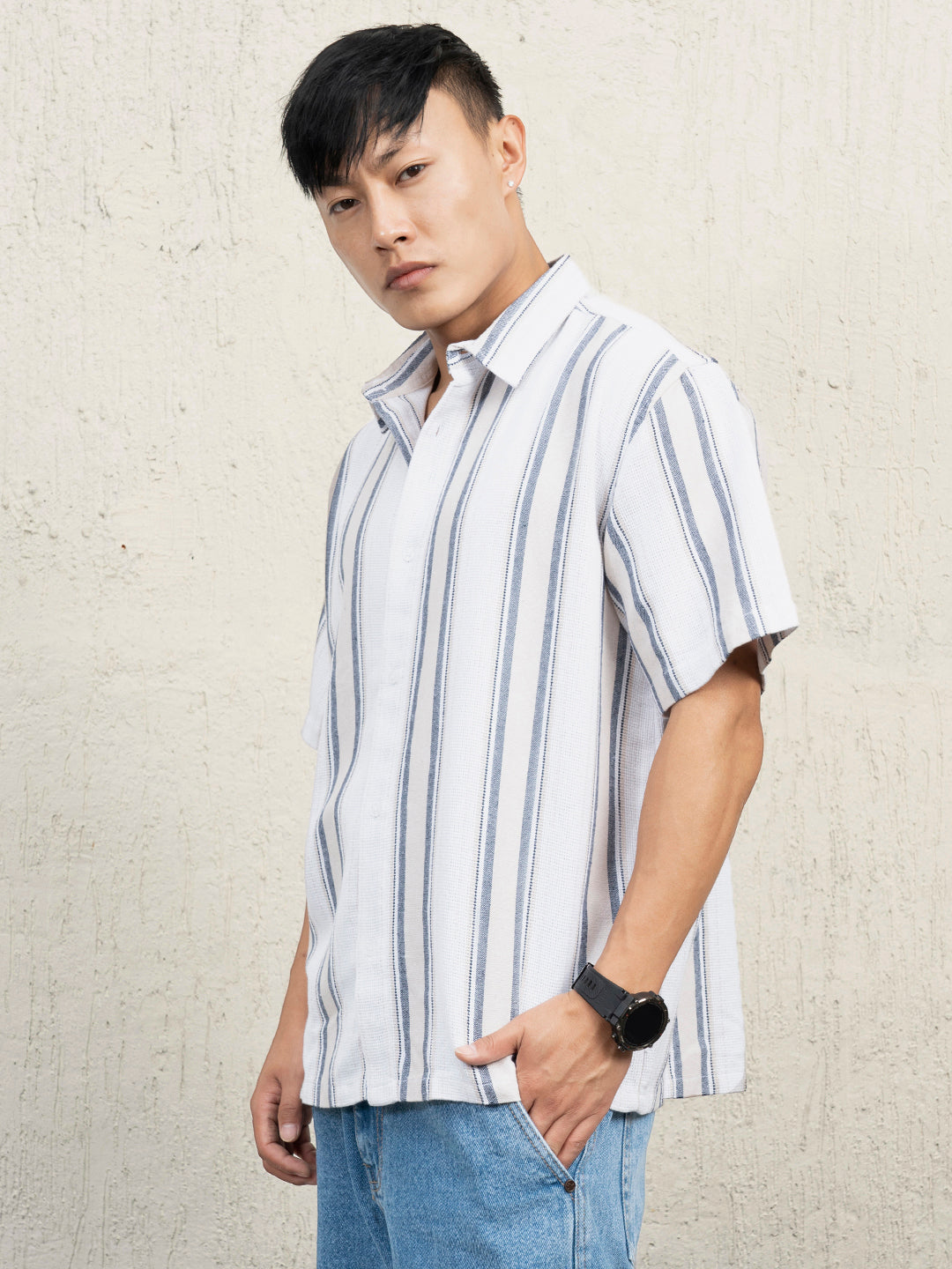 Hubberholme Men Standard Spread Collar Striped Cotton Oversized Casual Shirt