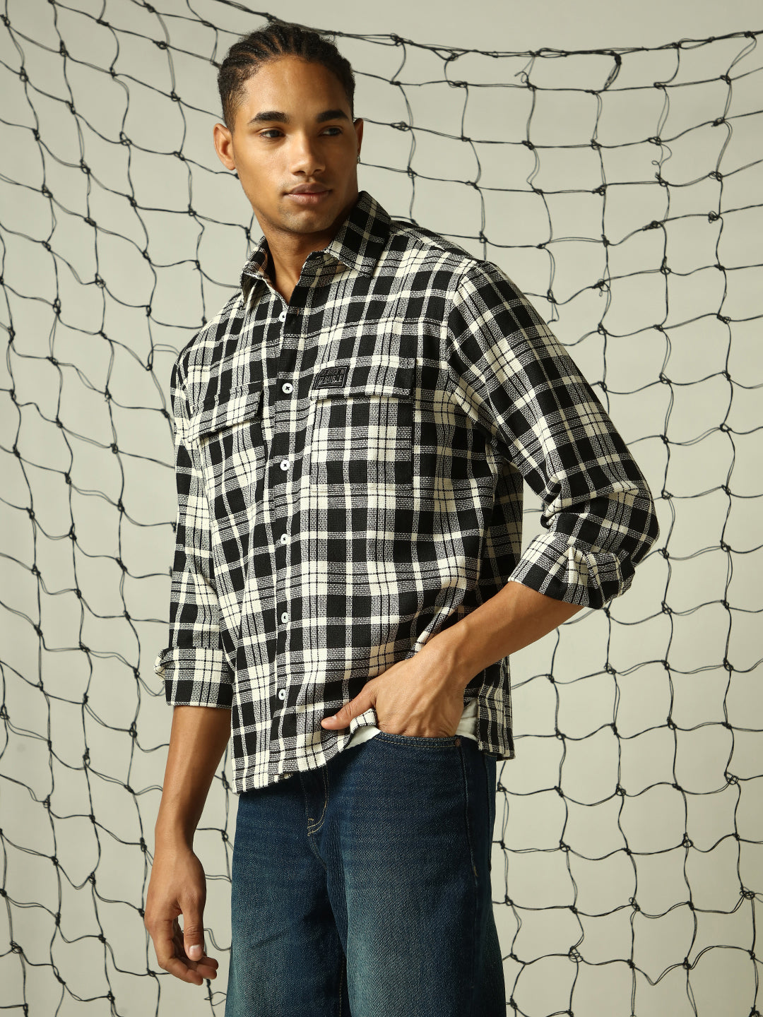 Hubberholme Men Classic Tartan Checked Double Pockets Textured Oversized Casual Shirt