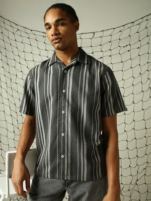 Hubberholme Vertical Striped Relaxed Fit Textured Fabric Casual Shirt