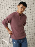 Hubberholme Men Self Design Pullover with Zip Detail Detail Sweater