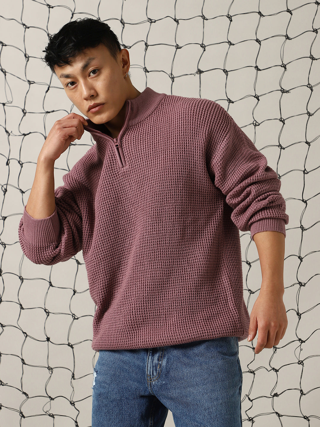 Hubberholme Men Self Design Pullover with Zip Detail Detail Sweater