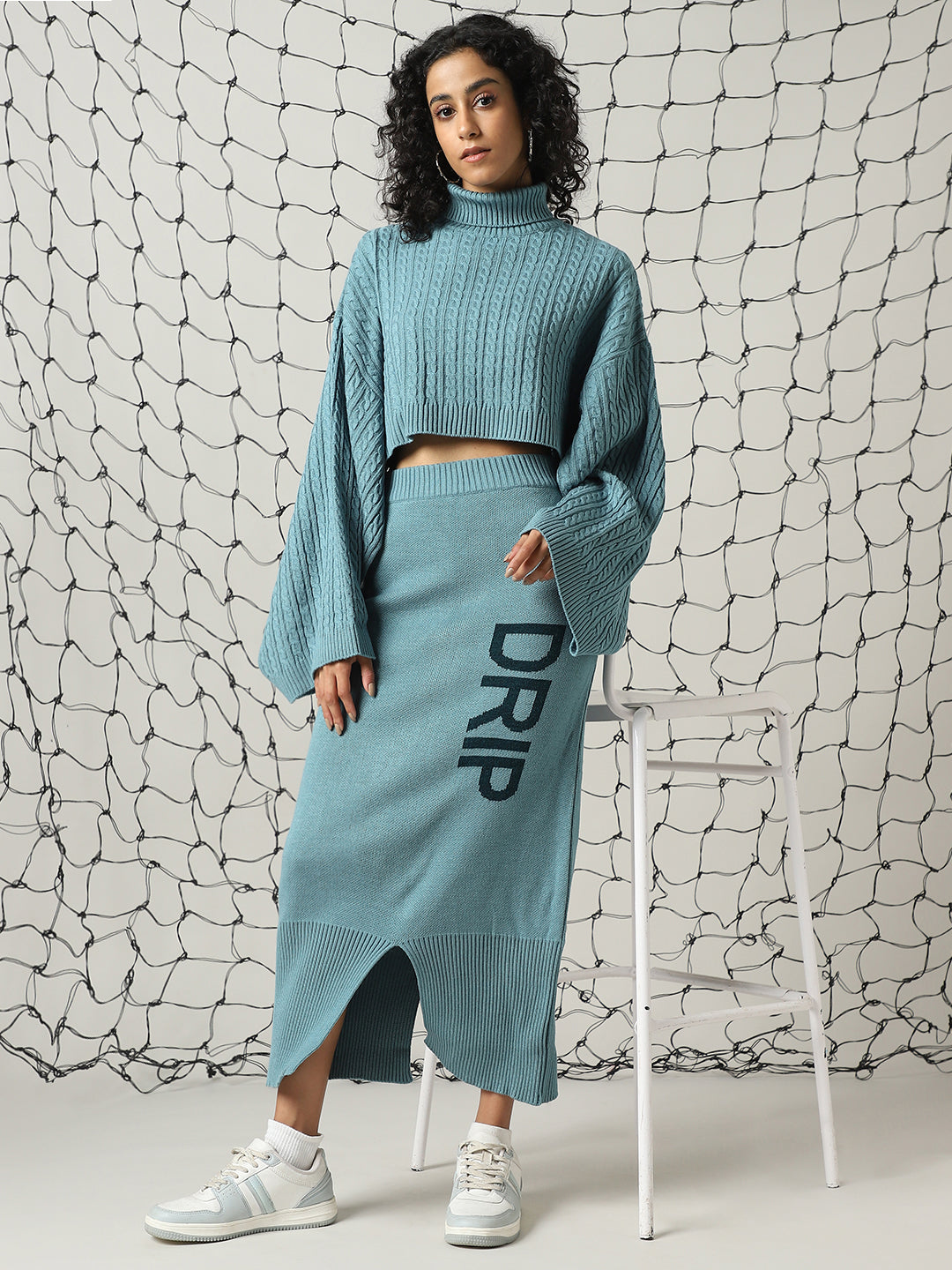 Hubberholme Cable Knit High Neck Top & Flared Skirt  Co-Ords