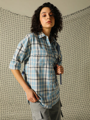 Hubberholme Women Spread Collar Tartan Checked Oversized Double Pocket Casual Shirt