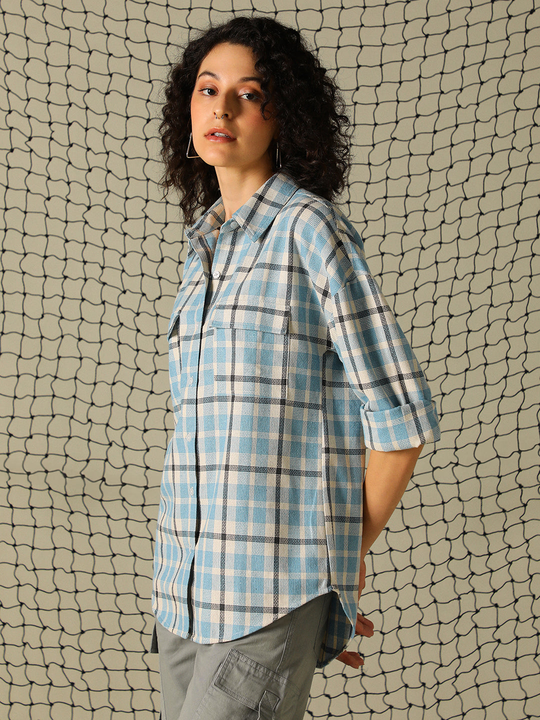 Hubberholme Women Spread Collar Tartan Checked Oversized Double Pocket Casual Shirt