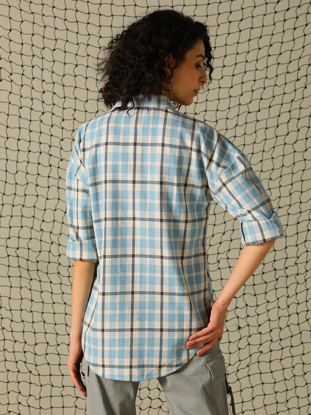 Hubberholme Women Spread Collar Tartan Checked Oversized Double Pocket Casual Shirt