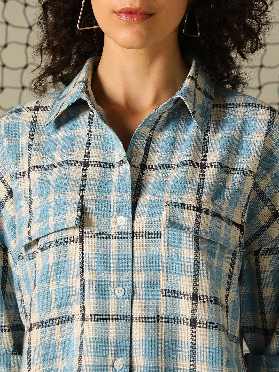 Hubberholme Women Spread Collar Tartan Checked Oversized Double Pocket Casual Shirt