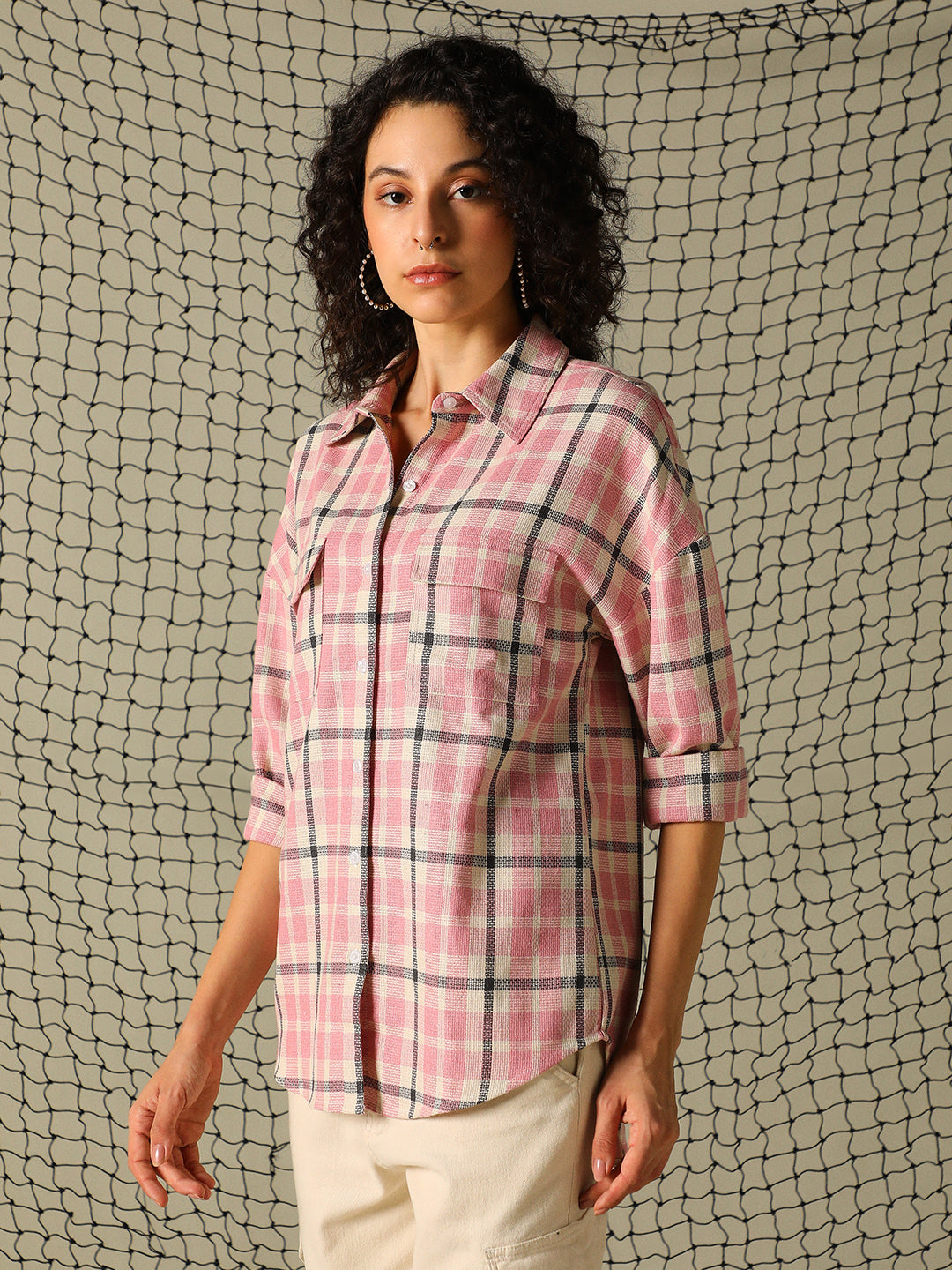 Hubberholme Women Spread Collar Tartan Checked Oversized Double Pocket Casual Shirt