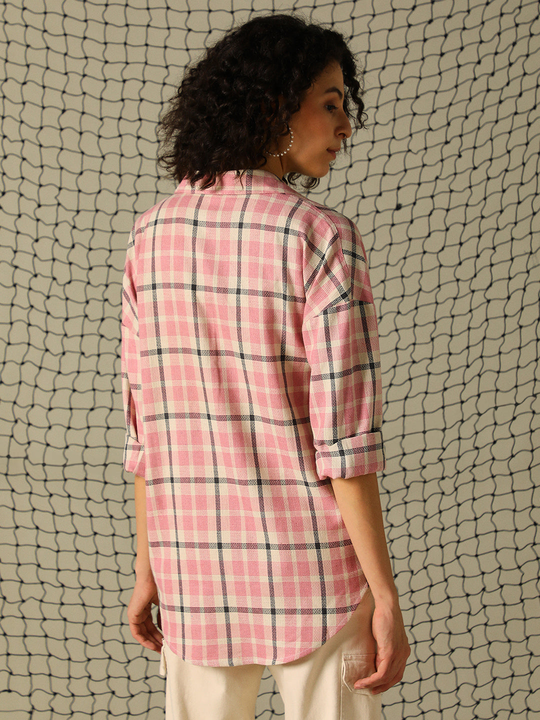 Hubberholme Women Spread Collar Tartan Checked Oversized Double Pocket Casual Shirt