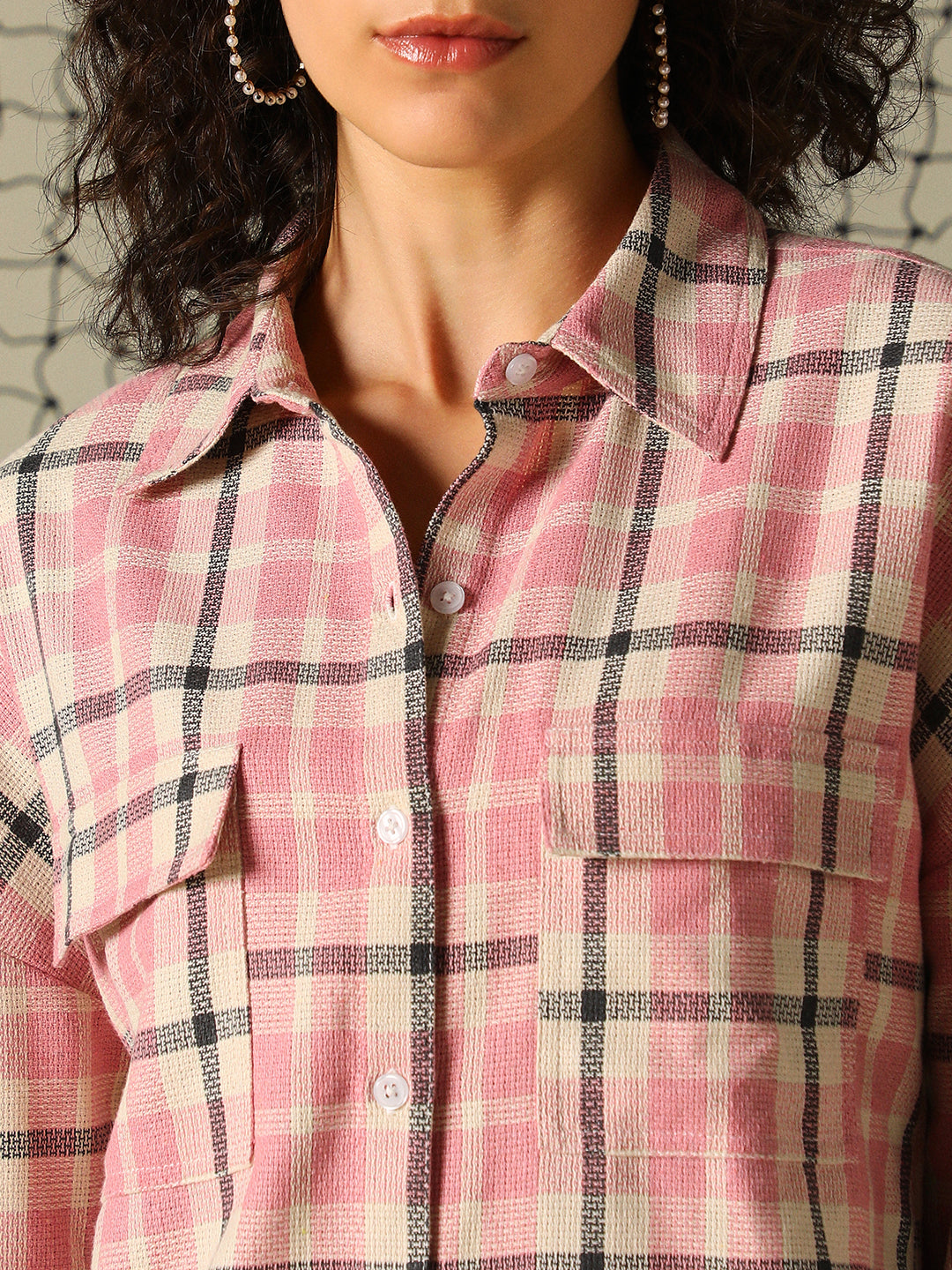 Hubberholme Women Spread Collar Tartan Checked Oversized Double Pocket Casual Shirt