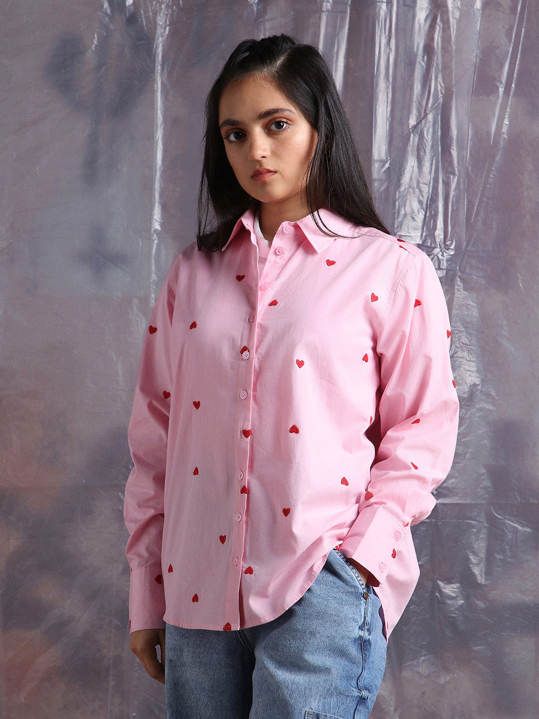 Hubberholme Women Embroidery Heart Shape Spread Collar Oversized Shirt