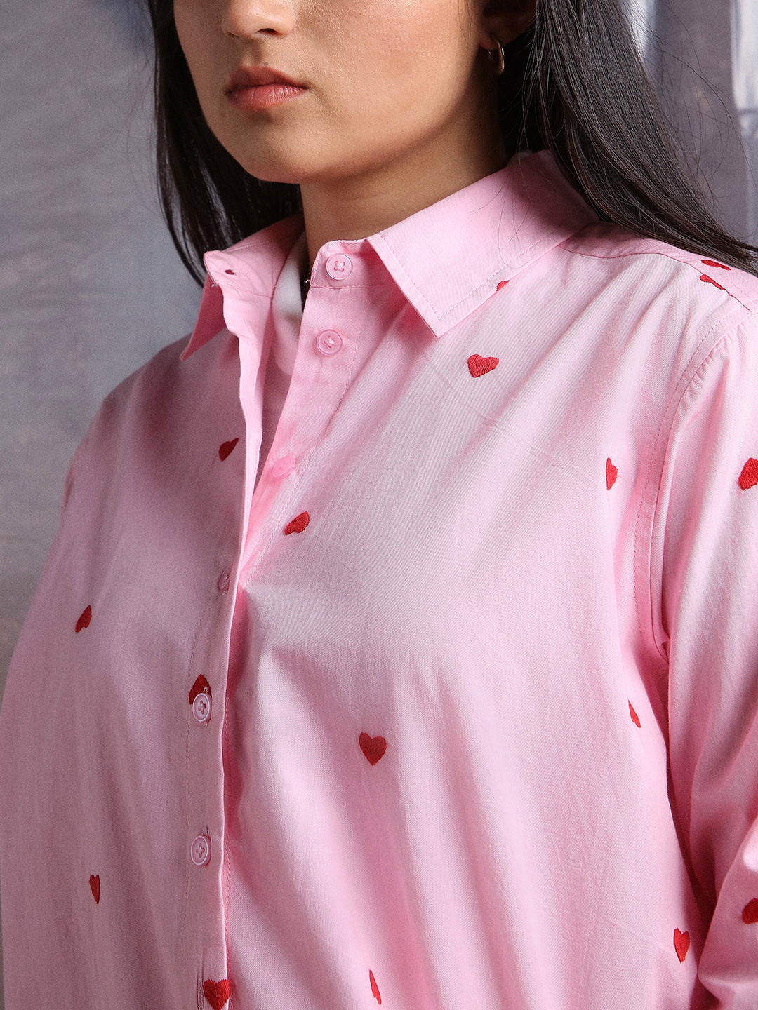 Hubberholme Women Embroidery Heart Shape Spread Collar Oversized Shirt