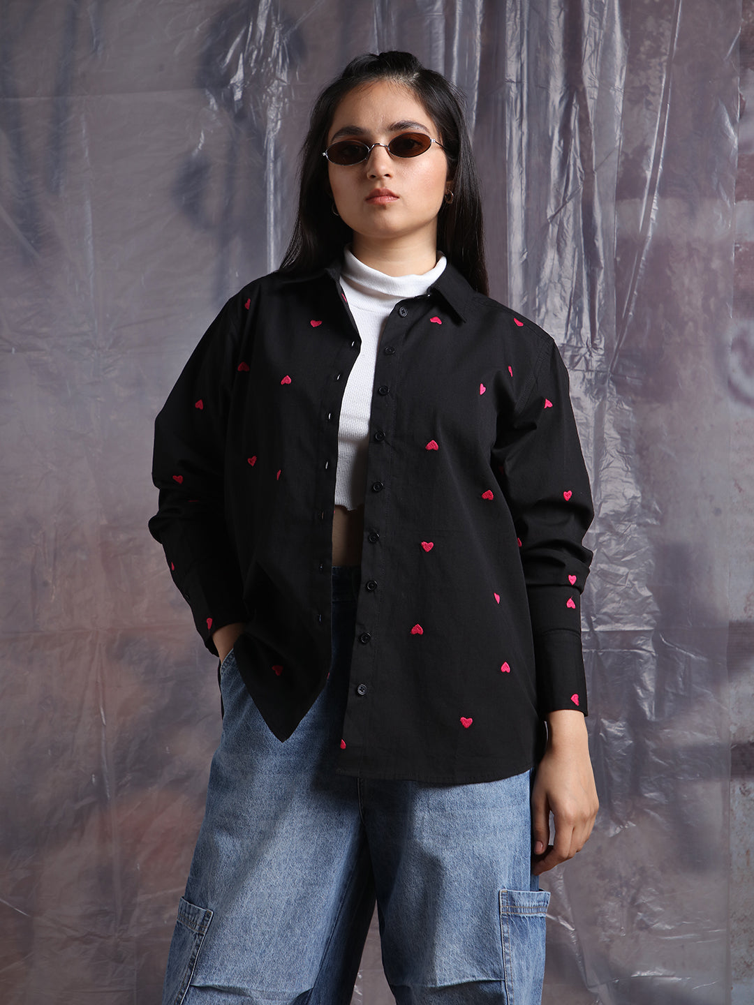 Hubberholme Women Embroidery Heart Shape Spread Collar Oversized Shirt