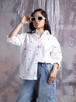 Hubberholme Women Embroidery Heart Shape Spread Collar Oversized Shirt