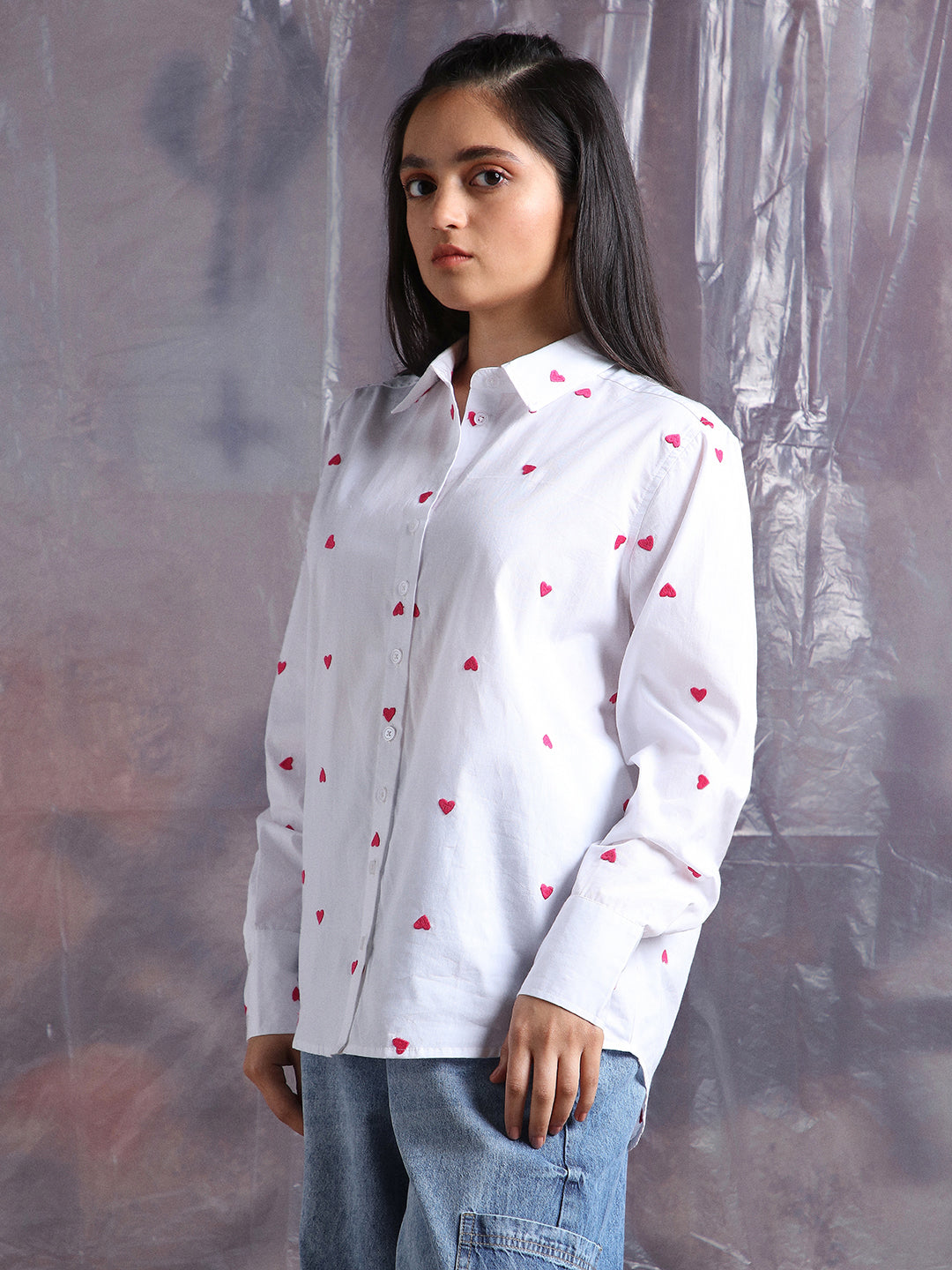 Hubberholme Women Embroidery Heart Shape Spread Collar Oversized Shirt