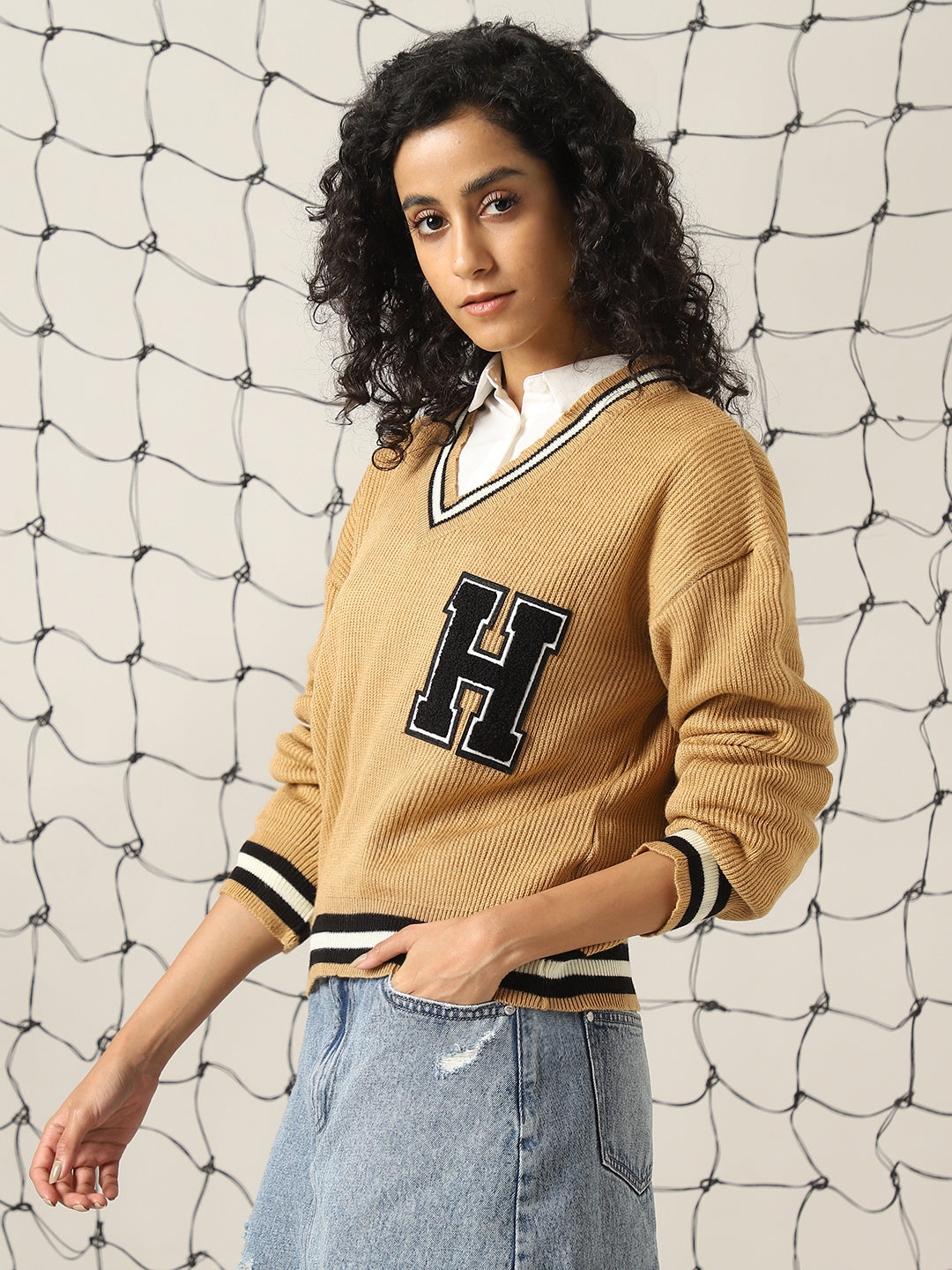 Hubberholme Women Varsity Boxy Fit Cable Knit Pullover