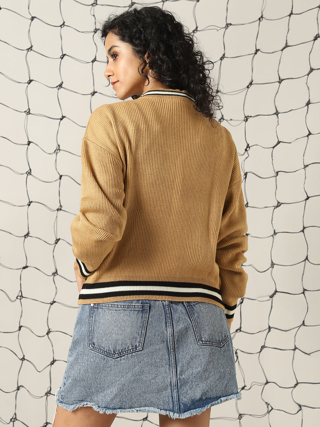 Hubberholme Women Varsity Boxy Fit Cable Knit Pullover