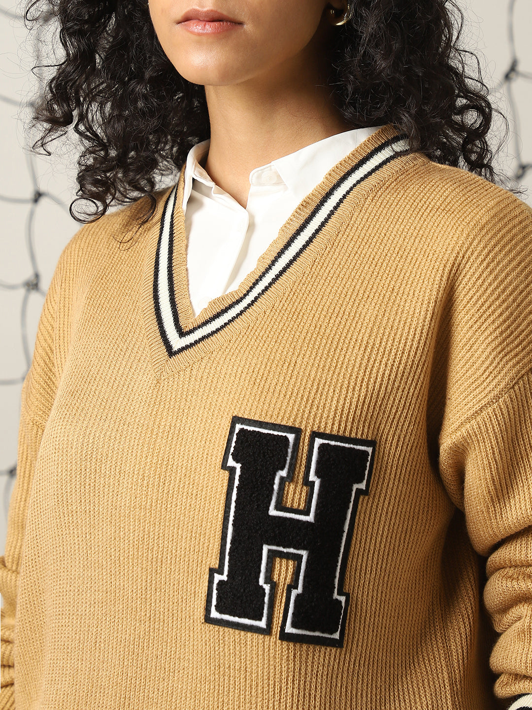 Hubberholme Women Varsity Boxy Fit Cable Knit Pullover