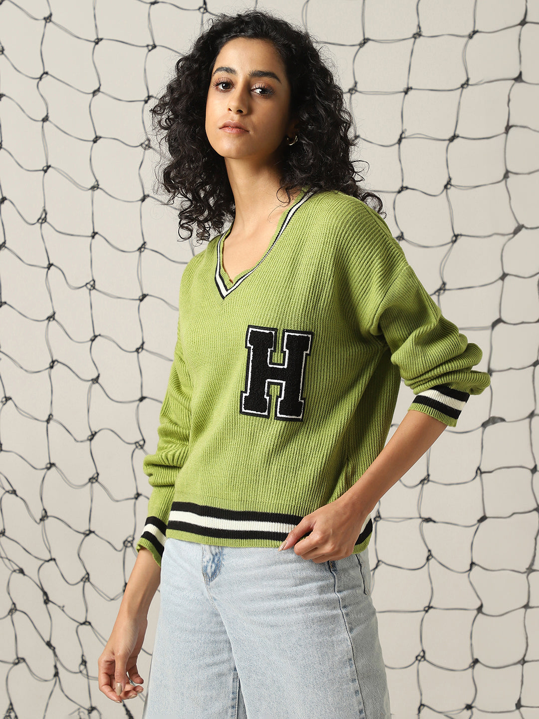 Hubberholme Women Varsity Boxy Fit Cable Knit Pullover