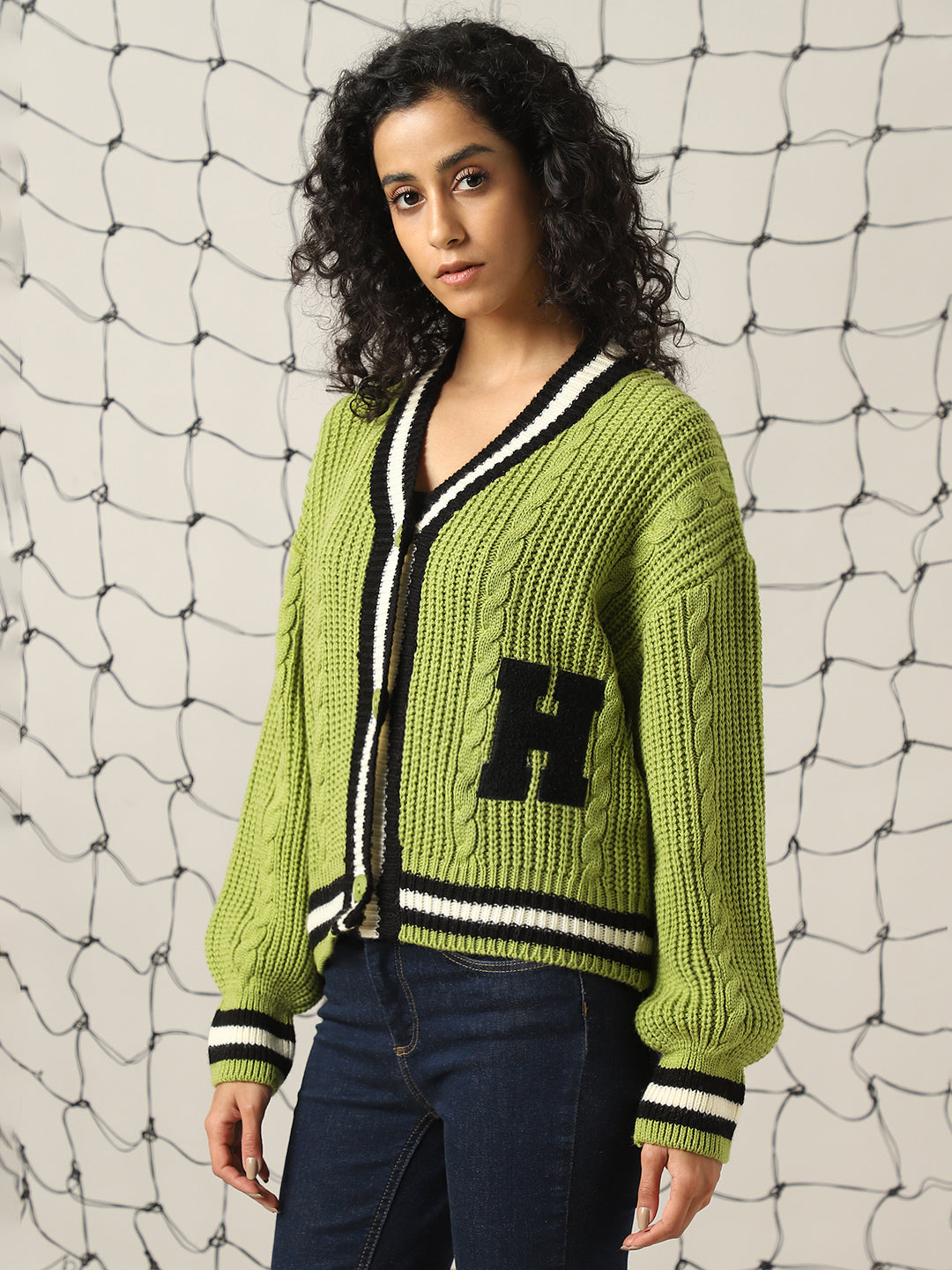 Hubberholme Women Varsity Boxy Fit Cable Knit Cardigan