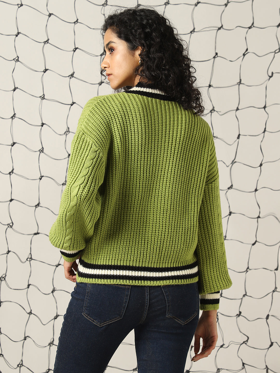 Hubberholme Women Varsity Boxy Fit Cable Knit Cardigan