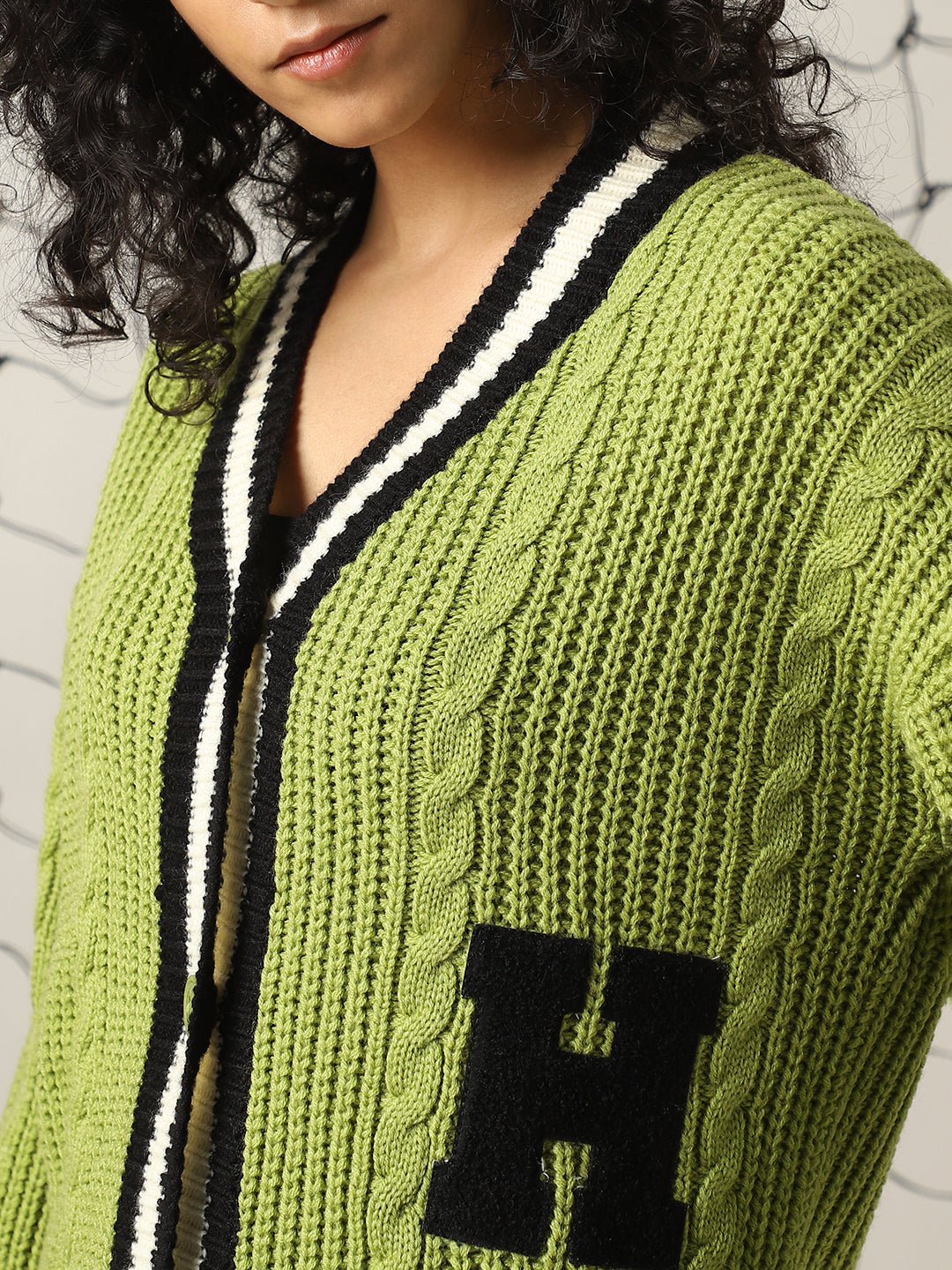 Hubberholme Women Varsity Boxy Fit Cable Knit Cardigan