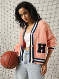 Hubberholme Women Varsity Boxy Fit Cable Knit Cardigan