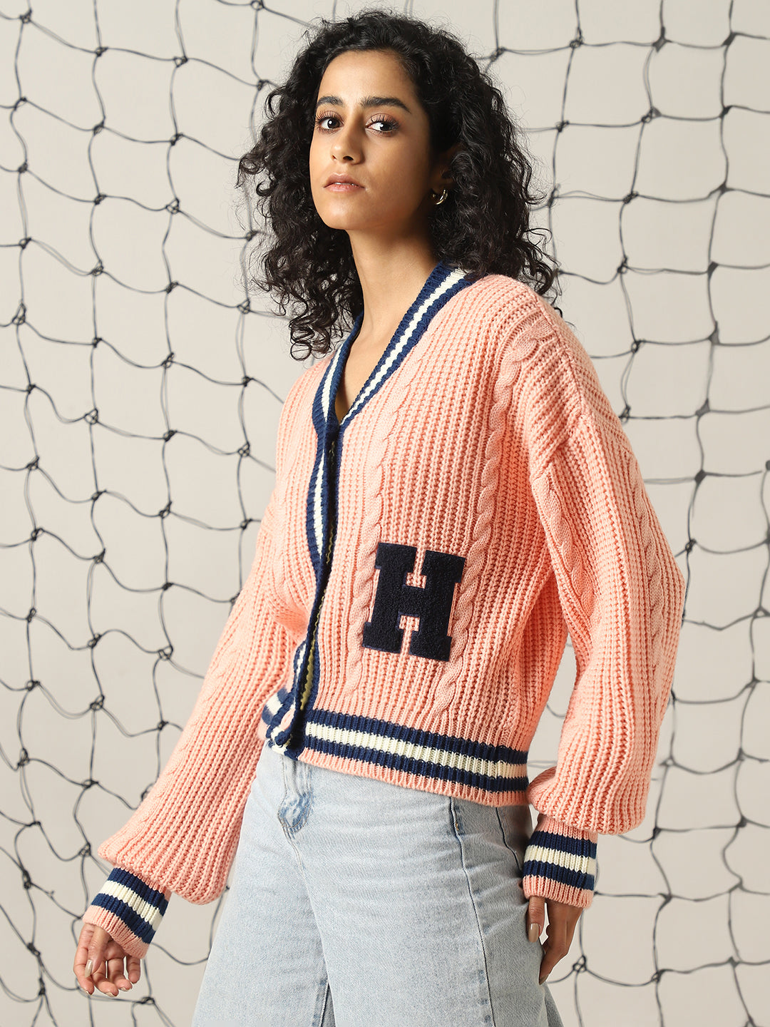 Hubberholme Women Varsity Boxy Fit Cable Knit Cardigan