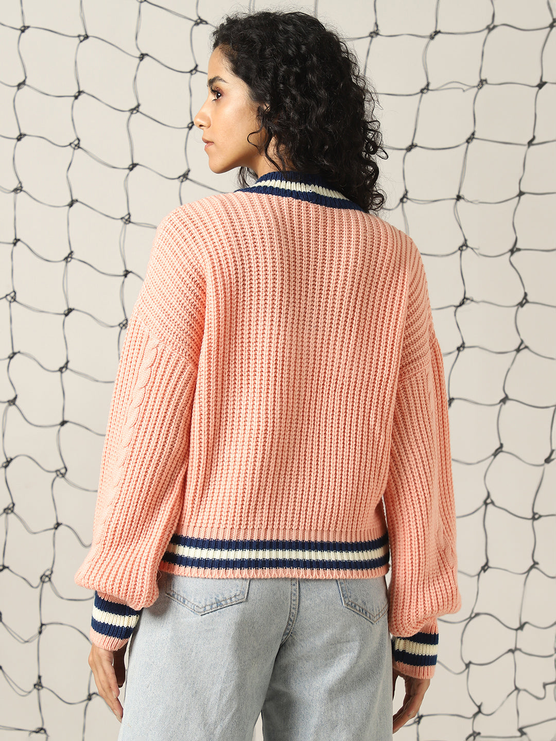 Hubberholme Women Varsity Boxy Fit Cable Knit Cardigan