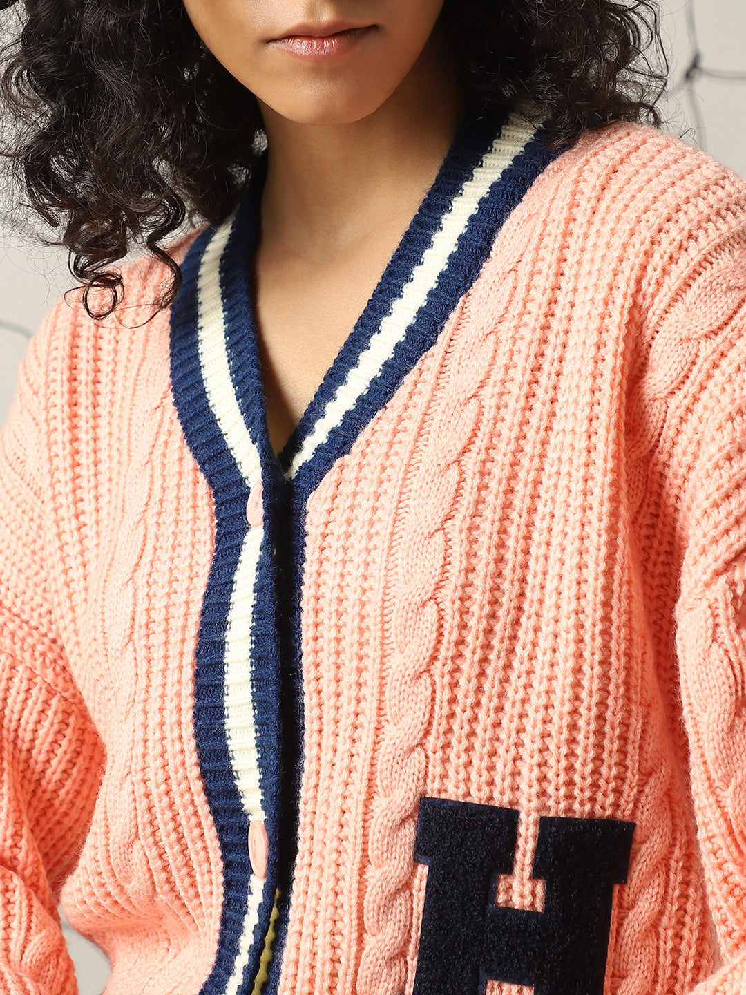 Hubberholme Women Varsity Boxy Fit Cable Knit Cardigan