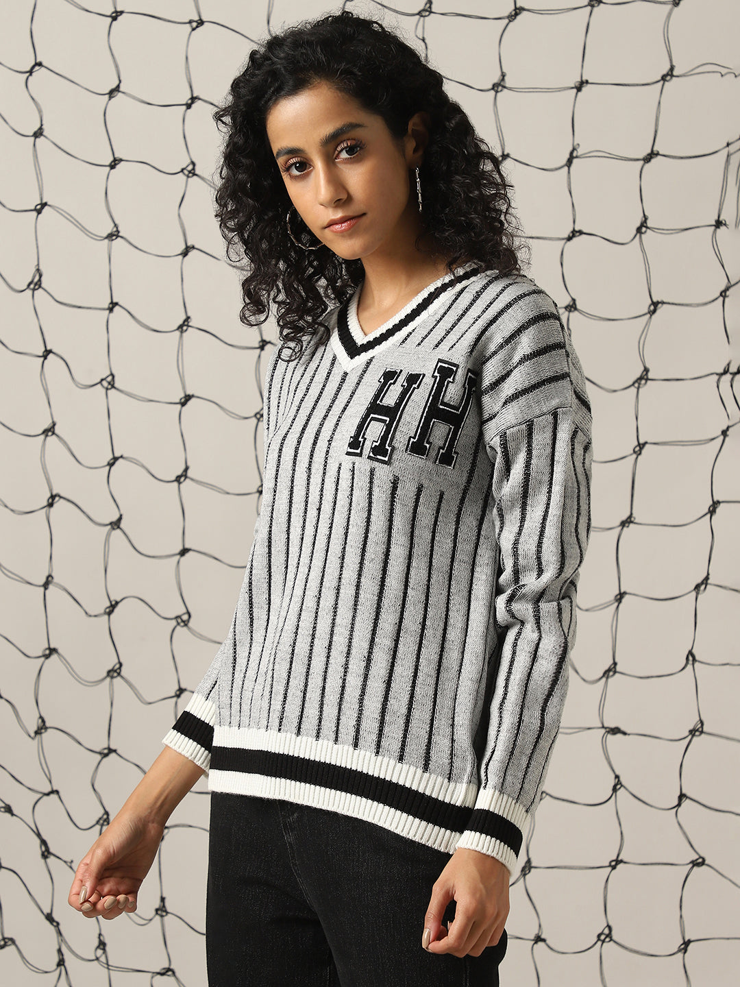 Hubberholme Women Typography Varsity V neck Boxy Fit Pullover