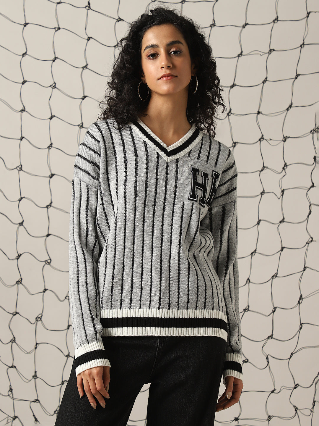 Hubberholme Women Typography Varsity V neck Boxy Fit Pullover