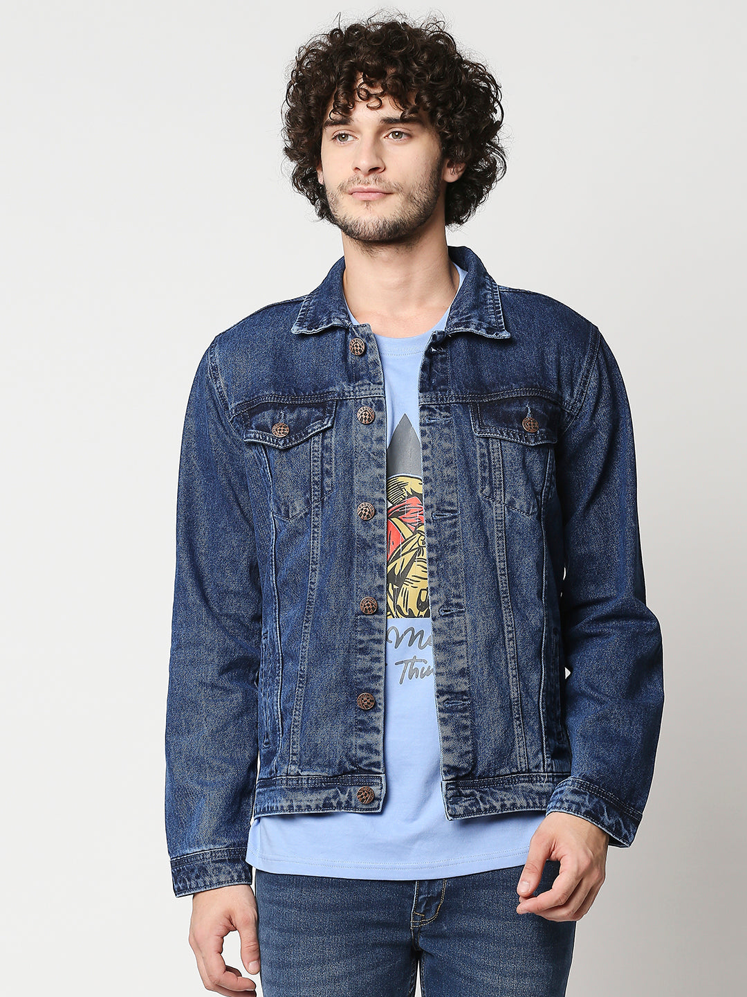 Washed Spread Collar Long Sleeves Denim Jacket