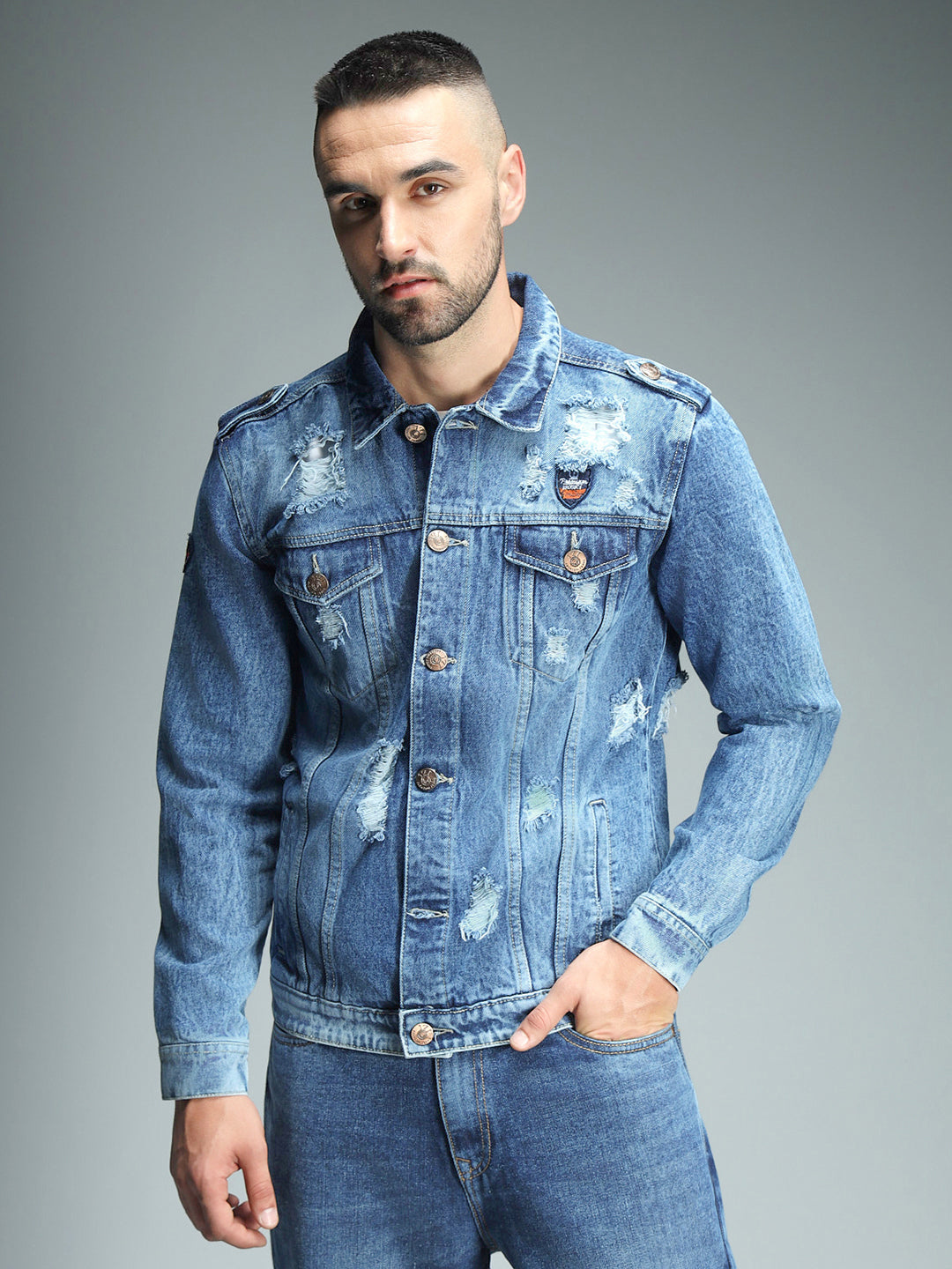 Washed Spread Collar Long Sleeves Shoulder Tabs Denim Jacket