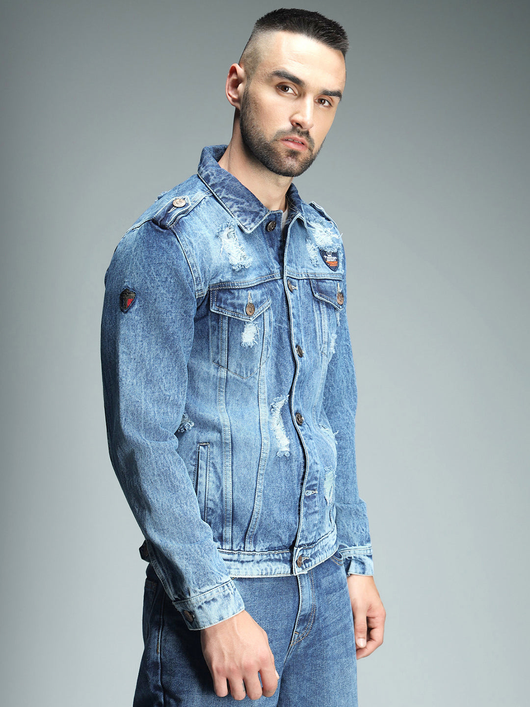 Washed Spread Collar Long Sleeves Shoulder Tabs Denim Jacket