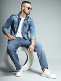 Washed Spread Collar Long Sleeves Shoulder Tabs Denim Jacket