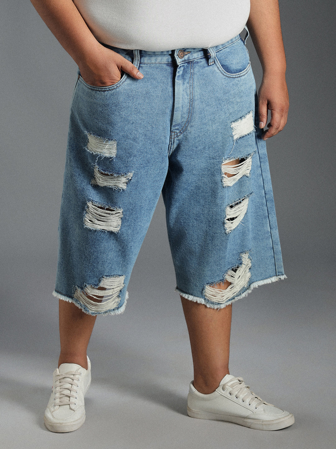 Plus Size Men Pure Cotton Distressed Denim Shorts