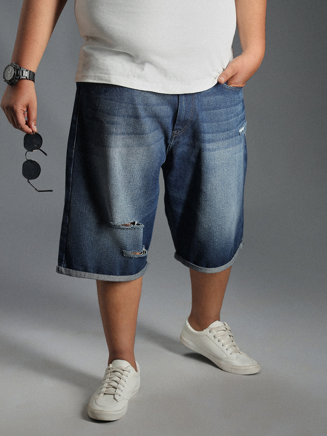 Plus Size Men Washed Pure Cotton Denim Shorts